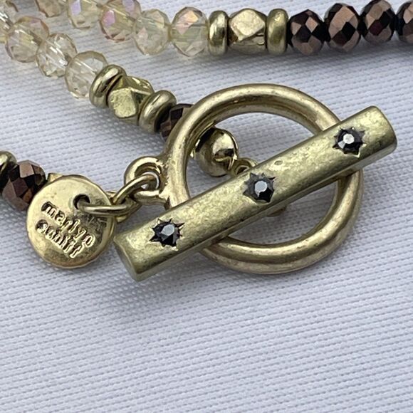 ~ Marlyn Schiff Necklace Beaded Gold Star 2-sided Crystals Neutral Brown Ivory - Picture 5 of 12